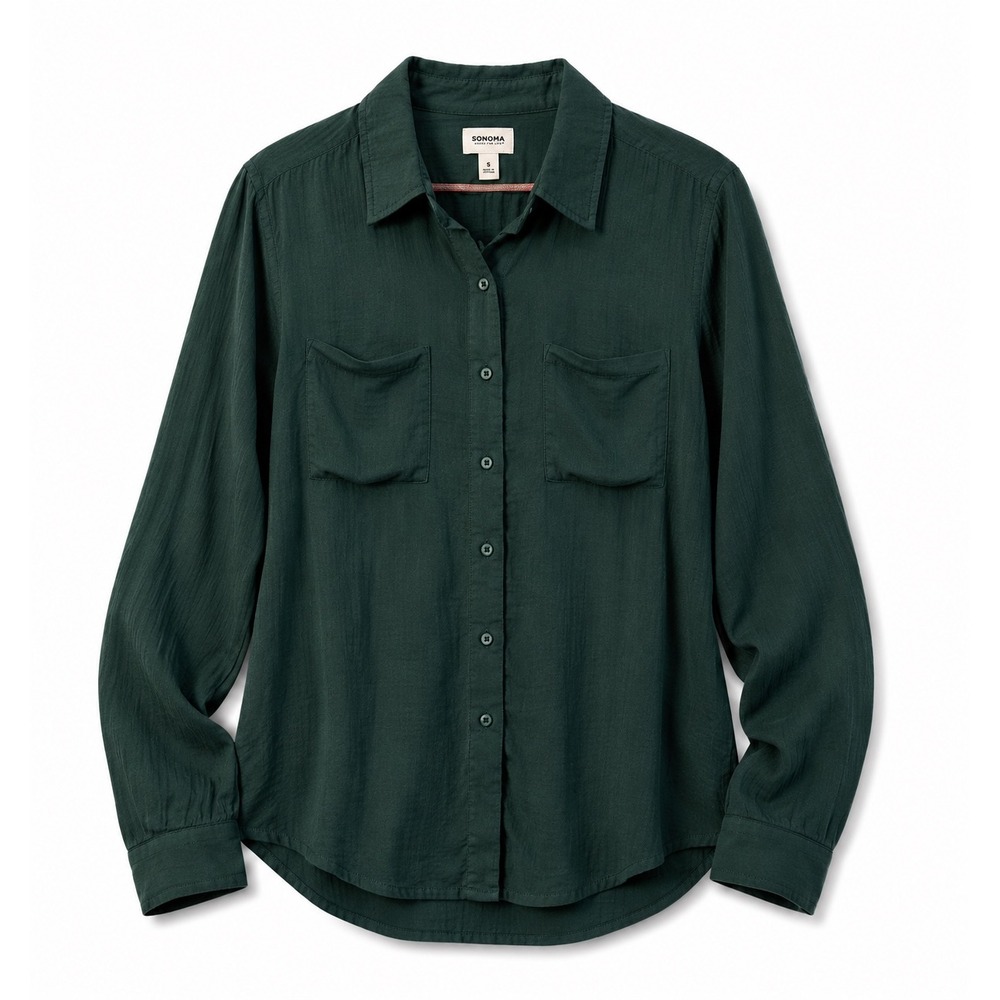 Le Lis Collection Button Up Blouse Womens Large Green Satin Long Sleeve IT3438